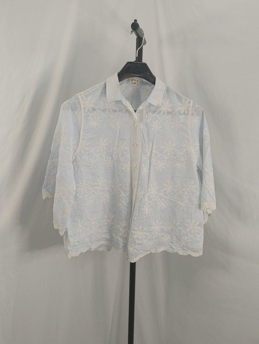 POL Embroidered Floral Blouse Light Blue Lace Trim Button Front Boho Top OS - Picture 2 of 14